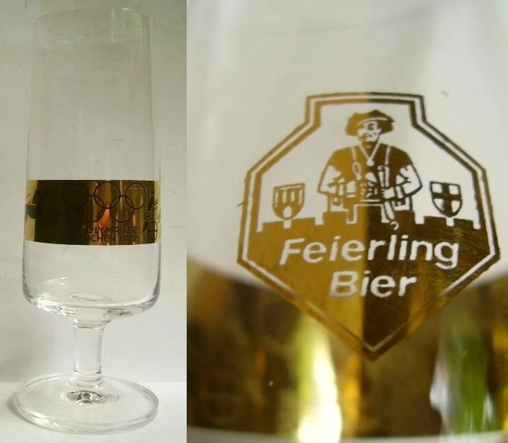 Feierling Bier glass from the 1972 Munich Olympics, photographed from both sides